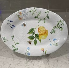Set 4 LEMONS & BEE 18x13 Melamine Platter Tray Shabby Chic Wavy Scalloped Floral