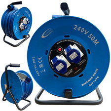 Cable Reel 50m Extension Lead 240V 2.5mm Cable 2 Way 16 Amp Sockets and Plugs