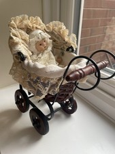 Vintage Victorian whicker lace small dolls pram with doll