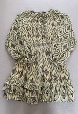 ZARA DRESS SZ SMALL GREEN SMOCKED RUFFLE AZTEC LONG SLEEVE SEE DETAIL
