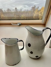 Vintage Enamel Jugs (White with Blue Trim) 20cm and 17cm High Set of 2.