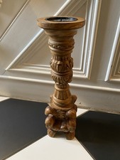Floor Standing Carved Wood Candlestick Holder Brown Tall Large Ornate Boho 18"