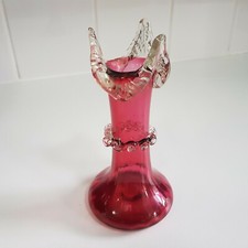 Antique Victorian cranberry art glass vase decorative neck hand blown English