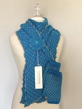Nicky Thomson Polka Dot Wool Scarf Mitts Flower Brooch Blue British NEW