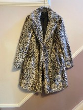 NEW LOOK LADIES IVORY (CREAM) & BLACK FAUX FUR ANIMAL PRINT COAT SIZE 12 UK