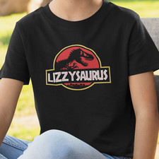Personalised Name Saurus Black T-Shirt Top - T-Rex Dinosaur Movie Film Cinema
