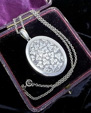 Large Antique Victorian White Metal Ivy Oval Double Photo Locket & Silver Chain