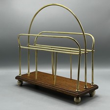 Antique Edwardian Magazine Newspaper Rack Holder Stand Brass & Oak Reeded Feet