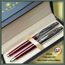 Cross Townsend Ballpoint & Rollerball Pen Set  Red and Chrome Barrel  Gift Boxed