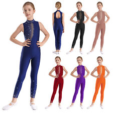 UK Girls Jumpsuit Athletic Bodysuit Mock Neck Unitard Dance Leotard Mesh Team