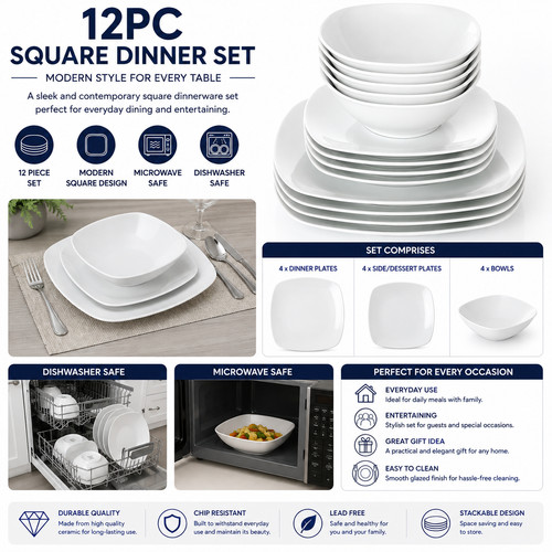 12pc square dinner set - 12pc,
