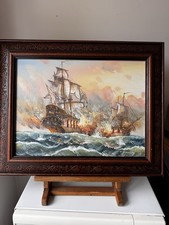 Original oil painting Naval Battle Scene-J.Harvey Signed Framed Maritime art