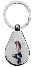 SEXY RETRO PIN UP GIRL IN SUSPENDERS CHROME POLISHED KEYRING PEAR STYLE SHAPE