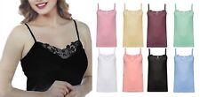 Ladies Plain Stretch Cotton Vest Top Lace Trim Cami Tank Strappy Camisole Lot
