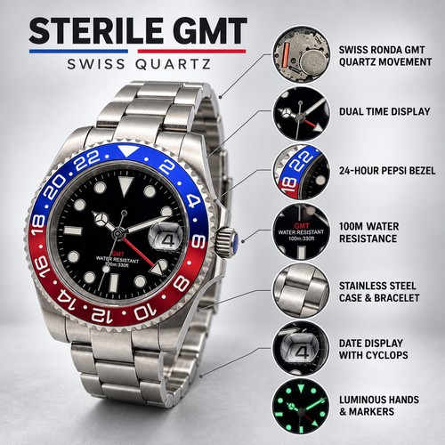 Mens swiss movement gmt 40mm - movement,