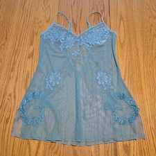 Victoria's Secret Vintage Babydoll Slip Dress Lace Sequin Sheer Mesh Y2K Blue L