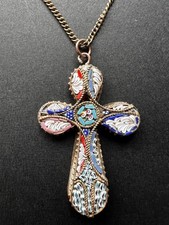 Vintage Italian Micro Mosaic Cross Pendant – Colourful Floral Design – Good Cond