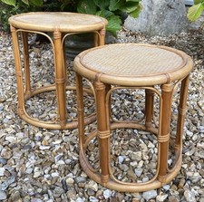 Vintage Lovely Old Bamboo & Wicker Nest Of 2x Coffee Bedside Lamp Plant Tables
