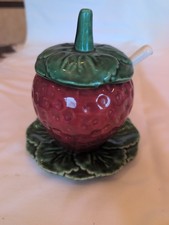 Vintage Strawberry Jam Pot with Lid, Saucer and Spoon Glazed