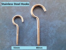 HOOKS - Stainless Steel Grade 304 Screw In - 55mm or 80mm - Choose Size & Qty