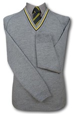 Mid Grey School Uniform Jumper - Navy & Yellow Trim At The Neck Line Only