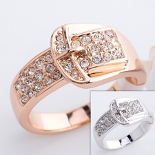 R094 Women's Belt Buckle Crystal Ring 18KGP Rhinestone Size K 1/2 - U