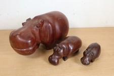 Vintage Wooden Large Hippo Family Hand Carved Figures Hippopotamus African 12"