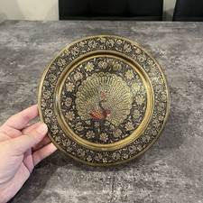 Indian Brass Metal Painted Peacock Plate Wall Decor Back Hook