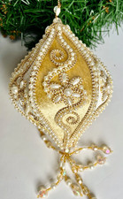 Vintage Gold Ivory Velvet Diamond Bauble – Beaded Pearl Tassel Baroque Christmas