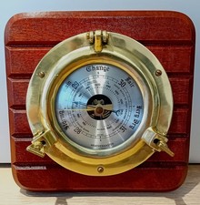 Vintage Brass Port Hole Barometer Weathermaster Bulkhead Ships Wood Mounted Wall