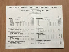 Vintage 1962 Tan Sad Staffordshire retail price list - prams , push chairs
