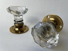 Antique Old Victorian Pair Crystal Cut Glass Brass Door Knobs Handles (GK112)*