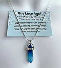 Blue Lace Agate Necklace Pendant Golden Healing Stone Yoga REIKI + card