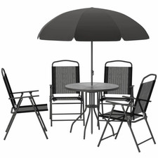6 Piece Garden Patio Furniture Set Glass Top Table 4 Folding Chairs Parasol