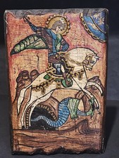 Authodox Church, Antique, Signed,  Painted Icon, St George The Dragon Slayer.
