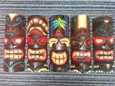 Tiki mask wood carving Hand carved & painted wall hanging wooden ornament 30cm 