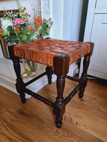 Antique leather wood stool - leather,