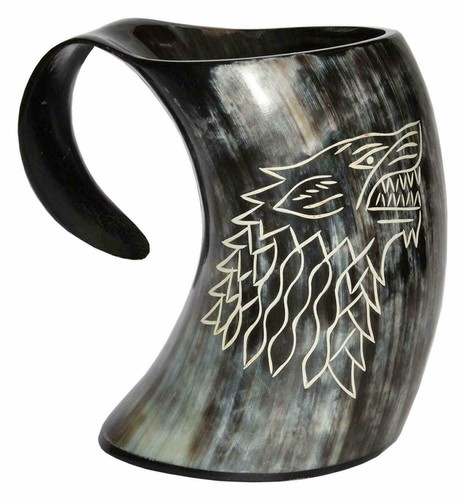 Horn mug wolf carved - wolf, tankard