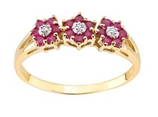 9ct Yellow Gold Ruby & Diamond Triple Cluster Ring - sizes J to S