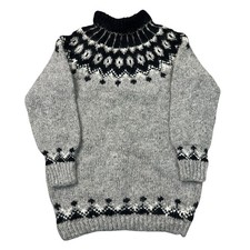 Vintage Icelandic Knit Jumper Wool Fair Isle Sweater Grey Womens Small