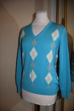 Vintage Aquascutum Wool Jumper diamond Striped Blue Grey Ivory Green 8 10 Golf