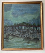 Mid Century Cornish Modernist Naïve Oil On Board Painting After Fred Yates 