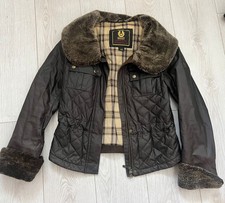 Ladies Belstaff gold label wax quilted Jacket Uk 10 (42) Brown Fur Collar