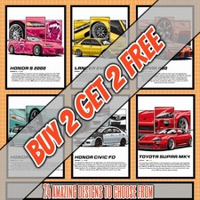 Car Posters Prints Gifts Wall Art Home Decor, Honda Civic, Mazda RX, Lancer Evo