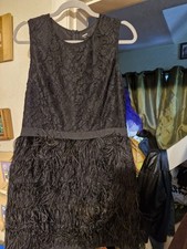 Oasis Black Feather Ra Ra Flappers Style Dress With Lace Overlay Top Size 16 A3