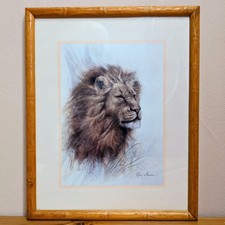 70s 80s Vintage Lion Print In Bamboo Picture Frame Ruane Manning Tiki Retro Boho