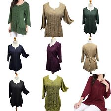 Womens Blouse Top Tunic Belted 3/4 Sleeve Embroidered One Size 12 14 16