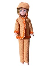 Vintage Sindy 1960’s Style Orange Trouser Suit & Cap with Rick-Rack Trim