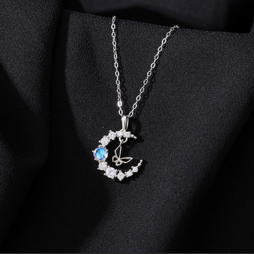 Moon butterfly blue pendant - butterfly, cz