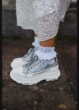 Alexander McQueen Tread Slick Lace Up Holo Silver Glitter Sneakers - Perfect 